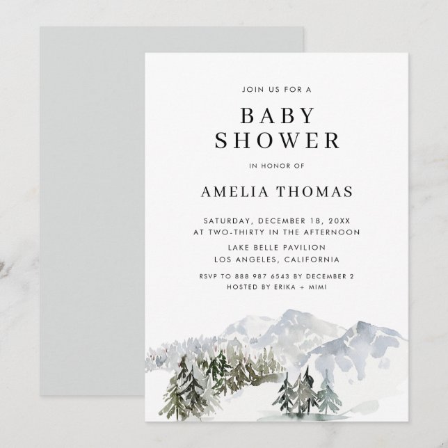 Snowy Winter Forest Woodland Baby Shower Inbjudningar (Fram/baksida)