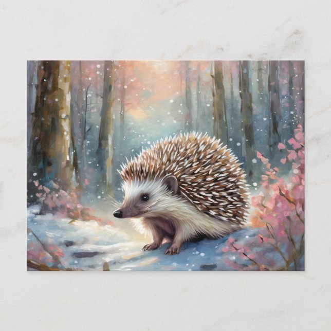 Snowy Winter Hedgehog Modern Art Vykort (Framsida)