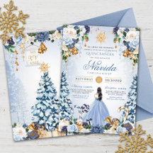 Snowy Winter Ice Blue och Guld Blommigt Quinceaner