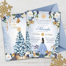 Snowy Winter Ice Blue och Guld Blommigt Quinceaner Inbjudningar