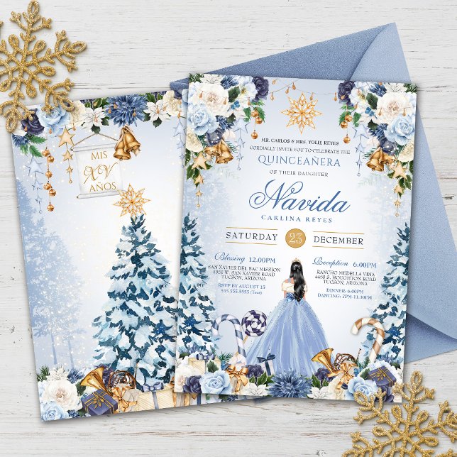 Snowy Winter Ice Blue och Guld Blommigt Quinceaner Inbjudningar (Skapare uppladdad)