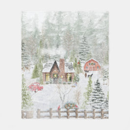Snowy Winter jul Cabin Scene Fleecefilt