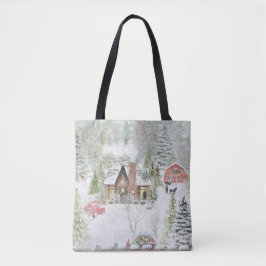 Snowy Winter jul Cabin Scene Tygkasse
