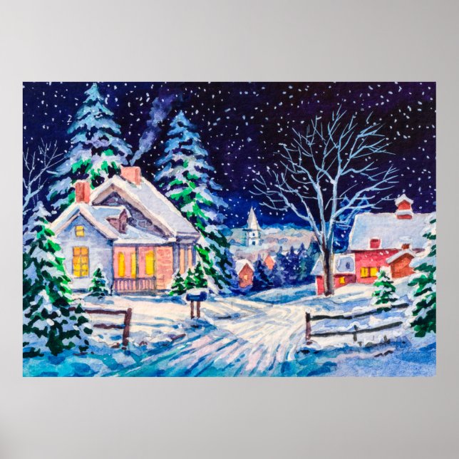 Snowy winter landscape. Country House. Christmas h Poster (Framsidan)