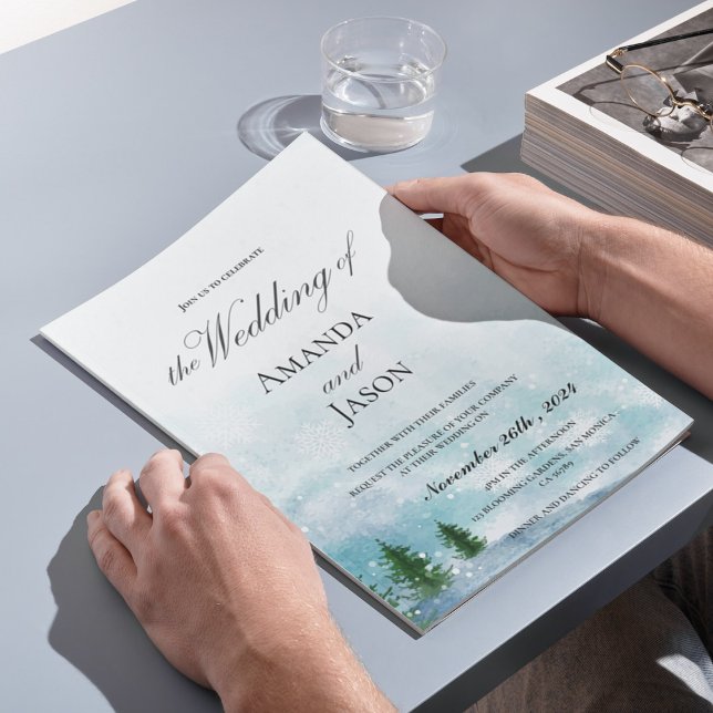 Snowy Winter Morgon Blue Hues Bröllopsinbjudan (Snowy Winter Morning Blue Hues Wedding Invitation
)