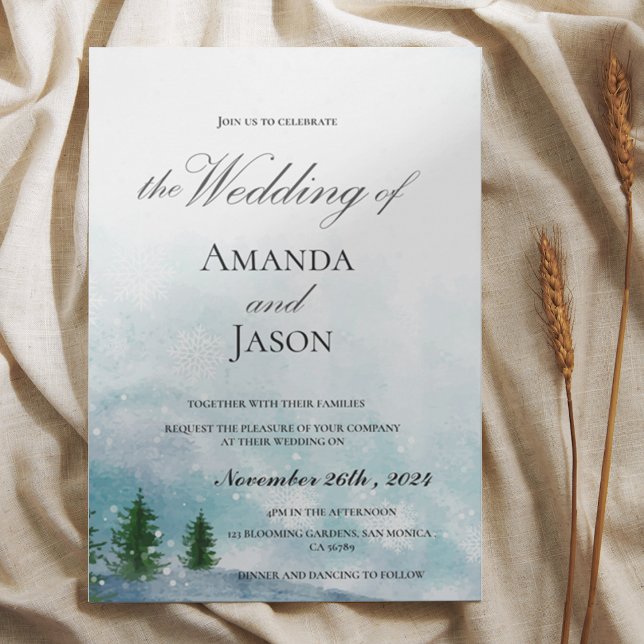Snowy Winter Morgon Blue Hues Bröllopsinbjudan Vykort (Snowy Winter Morning Blue Hues Wedding Invitation Postcard)