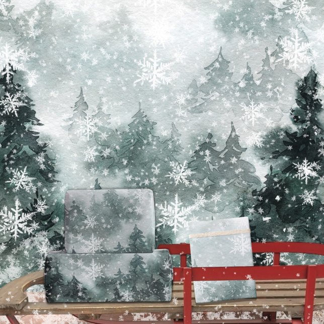 Snowy Winter Mountain Woodland Forest Snöflingor Presentpapper (Snowy Winter Mountain Woodland Forest Snowflakes Winter Holiday Gift Wrapping Paper Rolls)