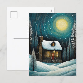 Snowy Winter Night Forest Cottage jul Helg Vykort