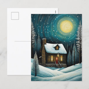 Snowy Winter Night Forest Cottage jul Helg Vykort