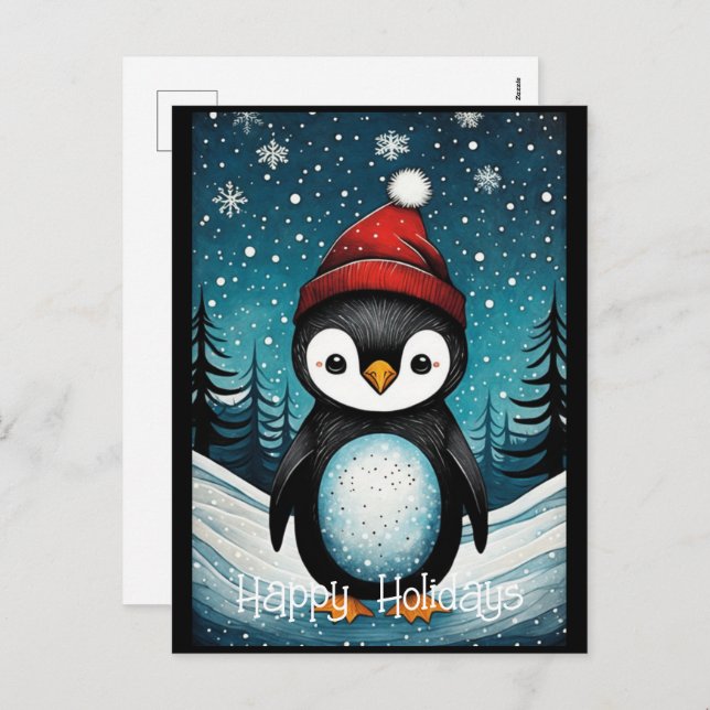 Snowy Winter Santa Penguin-Helgdagar Helg Vykort (Fram/baksida)