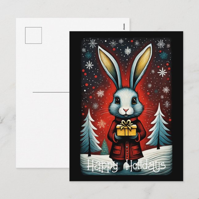 Snowy Winter Santa Rabbit-Helgdagar Helg Vykort (Fram/baksida)
