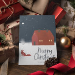 Snowy Winter Scene Christmas Julkort<br><div class="desc">Merry Christmas in playful script. Snowy winter scene with night sky,  constellations,  red fox and brick red cottage.</div>