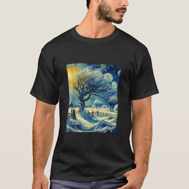 Snowy Winter Scene Van Gogh Starry Night Christmas T Shirt (Framsida)