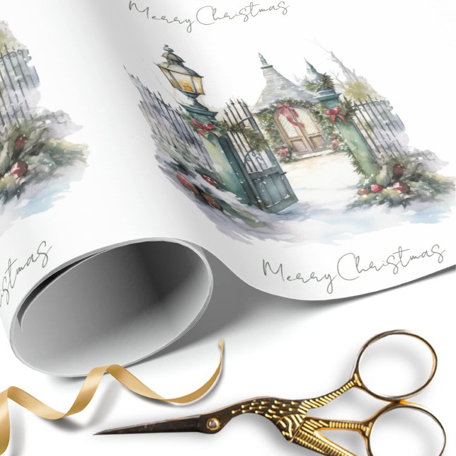 Snowy Winter Scene Watercolor-julby Presentpapper (Skapare uppladdad)