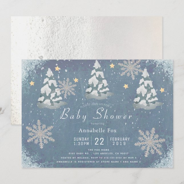 Snowy Winter Silver Snowflake Träd Baby Shower Inbjudningar (Fram/baksida)