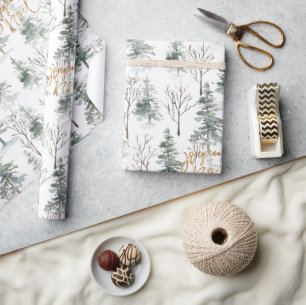 Snowy Winter Träd Joyeux Noel Guld Typography Presentpapper