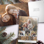 Snowy Winter Village Four Photo Collage<br><div class="desc">Helgdag med citattecken som visar en rad hus med snö-täckt tak,  tre fyrkantiga fotomallar och en porträtt-orienterad fotobakgrundsmall med redigerbar text fält.</div>