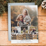 Snowy Winter Village Four Photo Collage Julkort<br><div class="desc">Helgdag med citattecken som visar en rad hus med snö-täckt tak,  tre fyrkantiga fotomallar och en porträtt-orienterad fotobakgrundsmall med redigerbar text fält.</div>