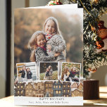 Snowy Winter Village Four Photo Collage Kort<br><div class="desc">Helgdag med citattecken som visar en rad hus med snö-täckt tak,  tre fyrkantiga fotomallar och en porträtt-orienterad fotobakgrundsmall med redigerbar text fält.</div>