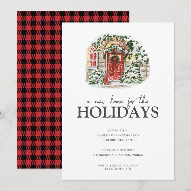 Snowy Winter Village Red Play Houseuppvärmning Par Inbjudningar (Fram/baksida)