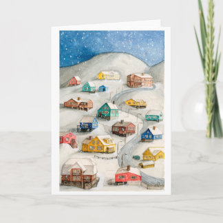 Snowy Winter Village Scenic Art Helgkort
