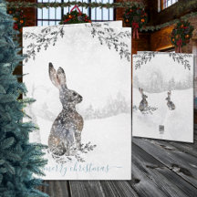 Snowy Winter Woodland Hare Watercolor Helgdag