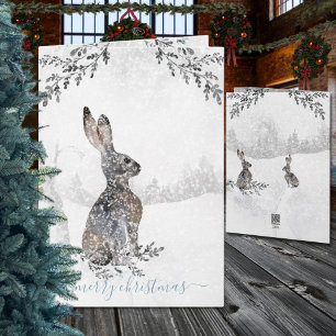 Snowy Winter Woodland Hare Watercolor Helgdag Helgkort