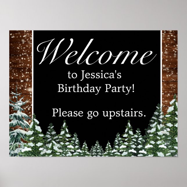 Snowy Wood & Forest Birthday Välkomstskylt Poster (Framsidan)