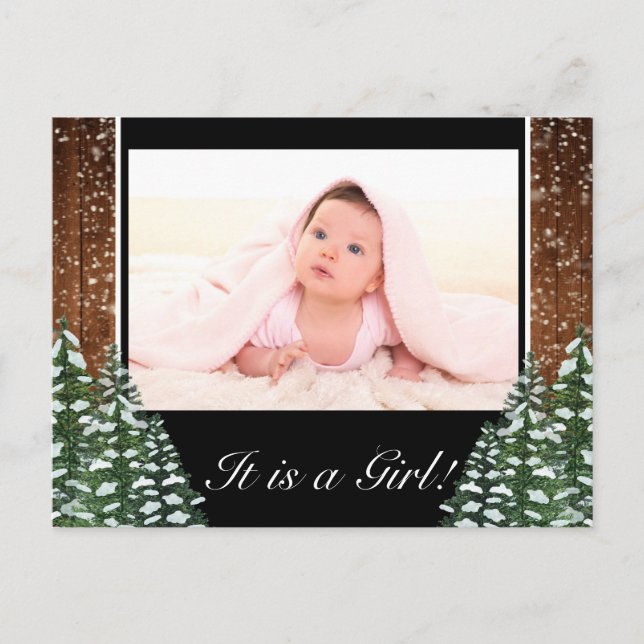 Snowy Wood & Forest Flicka Photo Birth Meddelande Vykort (Framsida)