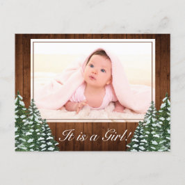Snowy Wood & Forest Land Flicka Photo Birth Meddelande Vykort