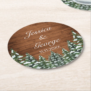 Snowy Wood & Forest Land Gräs Bröllop Underlägg Papper Rund