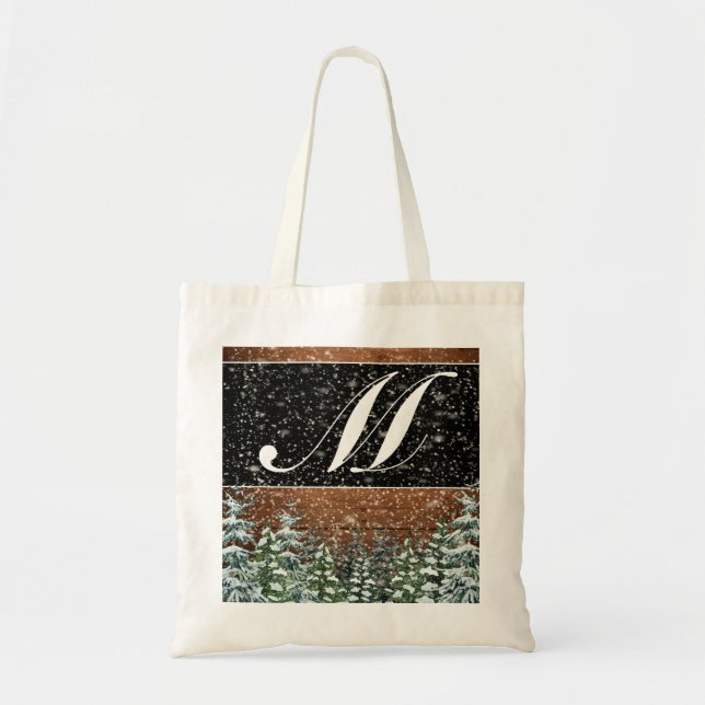 Snowy Wood & Forest Monogrammed Bröllop Tote Bag Tygkasse (Framsidan)
