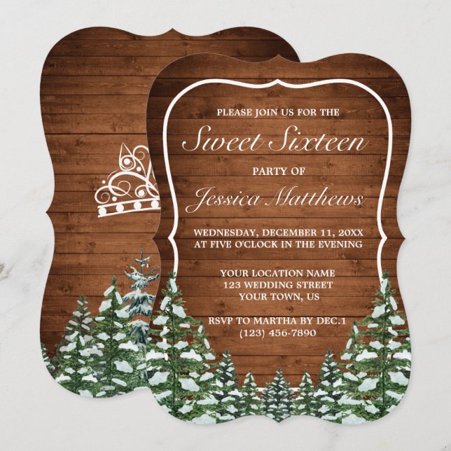 Snowy Wood & Forest Rural Gräs Sweet 16 Inbjudningar (Fram/baksida)