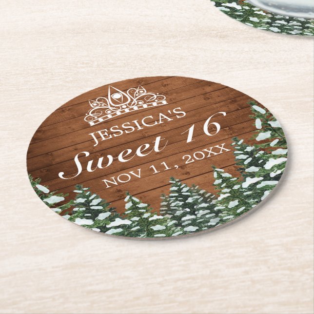 Snowy Wood & Forest Rural Gräs Tiara Sweet 16 Underlägg Papper Rund (Vinklad)