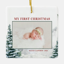 Snowy Woodland Baby första julfotfoto Julgransprydnad Keramik