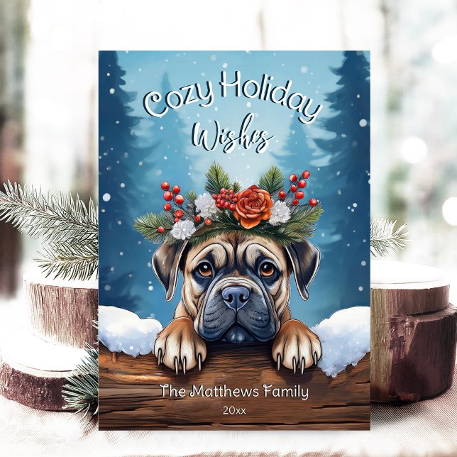 Snowy Woodland Forest Peeking Bullmastiff Jolly Julkort (Adorable Winter Snowy Scene With Peeking Dogs or Farm/Woodland Animals - Over 50 to Choose From!)