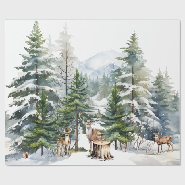 Snowy Woodland Forest Reindeer Family Watercolor Presentpapper (Platt)