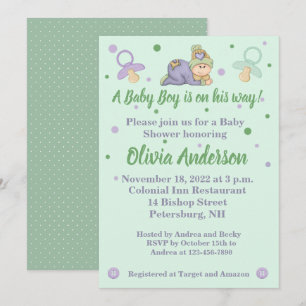 Snuggle Pojke - Grönt & Lila Baby Shower Inbjudningar