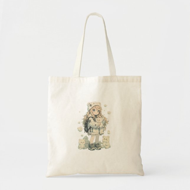Snuggle Pup Kawaii bear girl tote bag Tygkasse (Framsidan)