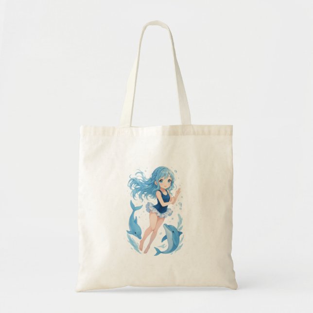 Snuggle Pup Kawaii dolphin girl tote bag Tygkasse (Framsidan)