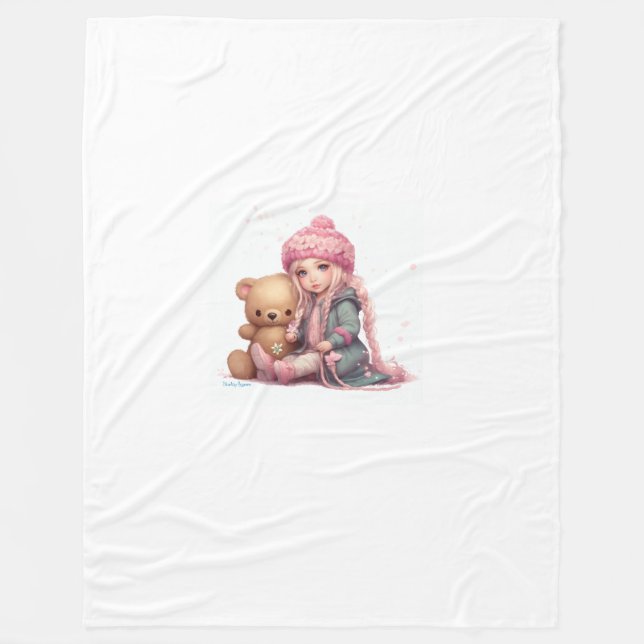 "Snuggly Comfort: Cute Girl with Doll Blanket" Fleecefilt (Framsidan)