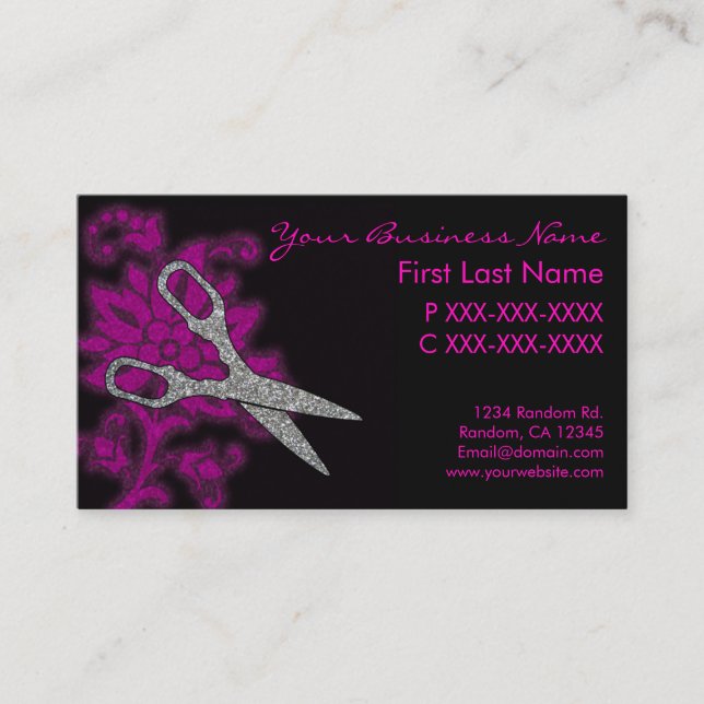 Snurklippta affärskort vid rosa silver glitter visitkort (Framsida)