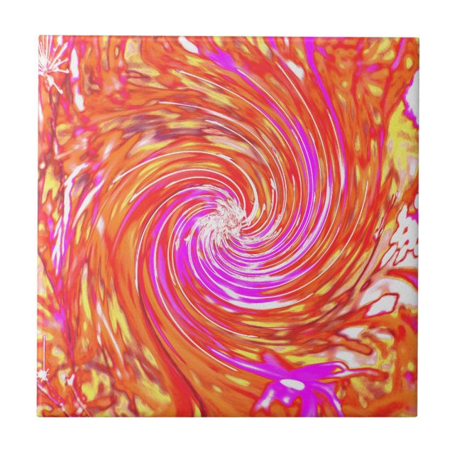 Snurra Blommigt för Retro-Magenta och Färg-höst Kakelplatta (Framsidan)