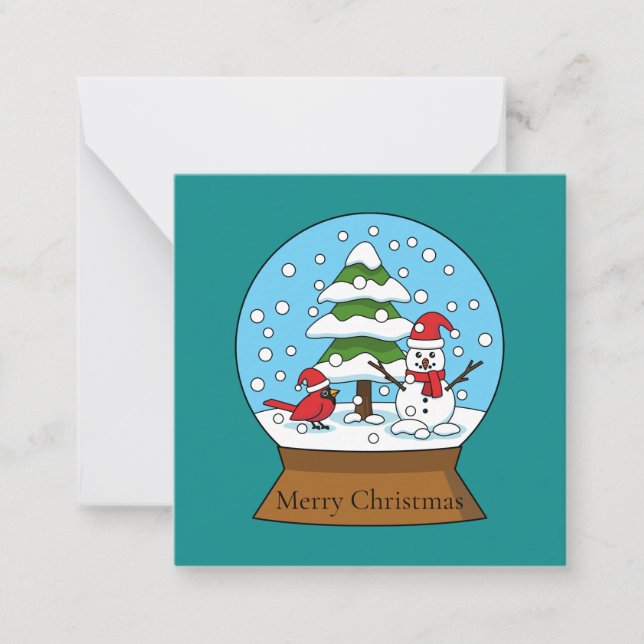 Snurra glob med kardinal snöman och tall anteckningskort (Framsida)