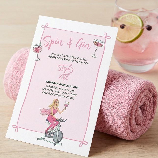 Snurra och Gin Rosa Klass och Cocktailfest Inbjudningar (Spin and Gin party invitation  for fun loving fitness pals)