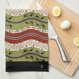 Snurra och Vågar i rött, Grönt + Cream (Monogram) Kökshandduk