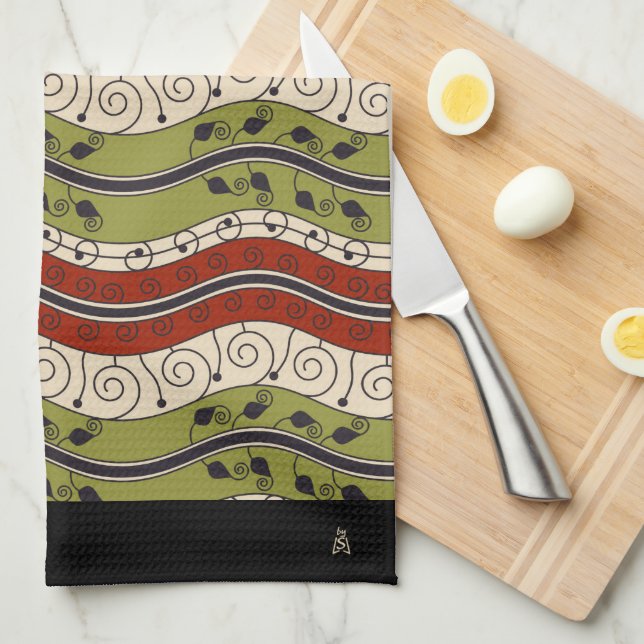 Snurra och Vågar i rött, Grönt + Cream (Monogram) Kökshandduk (Vikt i Fjärdedel)