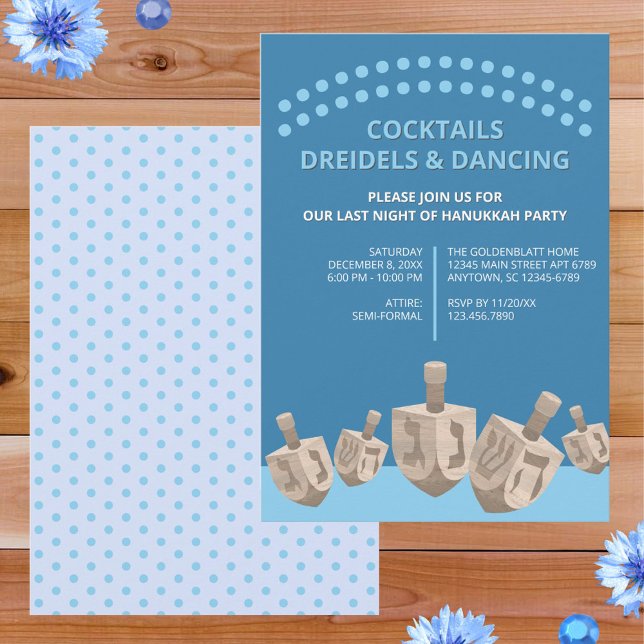 Snurrande dreidel Rustik ek Söt Hanukkah middagsfe Inbjudningar (So easy to personalize, these dreidel Hanukkah party invitations will announce your event in style)