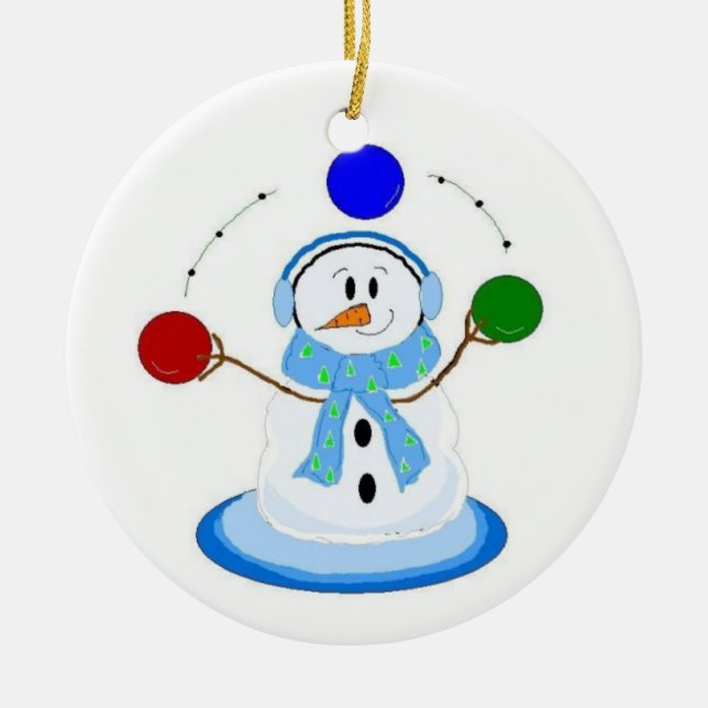 Snurrebollande snöman julgransprydnad keramik (Framsidan)