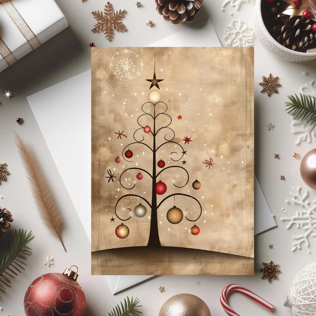 Snurrig julgransmagie med dansande prydnad  kort (An elegant tree design with vintage charm and hand-drawn beauty)